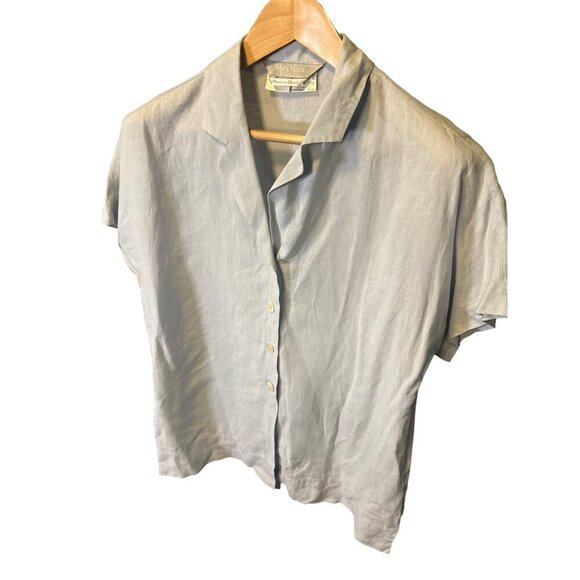 Max Mara Light Blue Linen Short Sleeve Button Front Collared Blouse Top Sz 8 - Picture 3 of 7